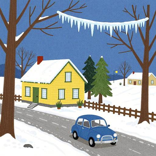 Colorful digital drawing of a snowy suburban street with a yellow house, blue car, leafless trees, wooden fence, and icicles.