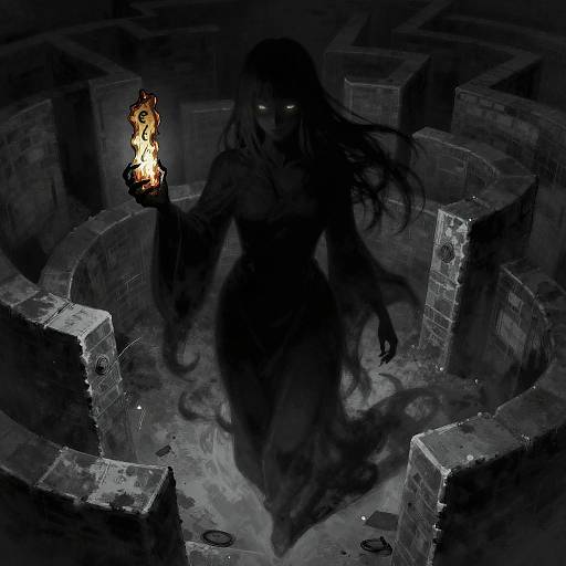 Dark, shadowy figure with glowing torch in hand emerges from ancient, circular stone ruins in eerie, digital fantasy artwork.