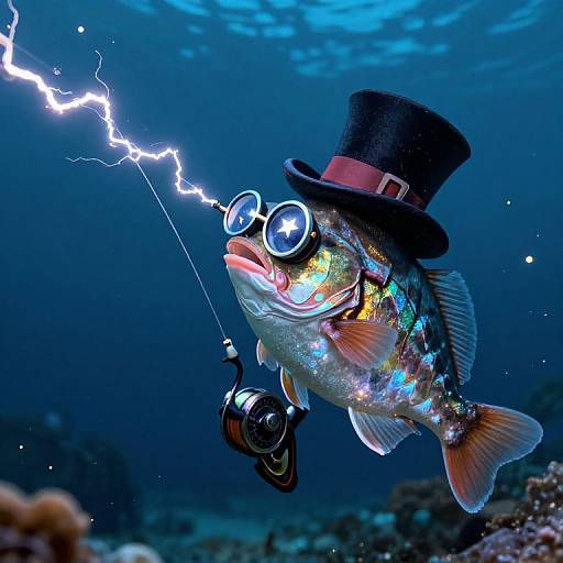 Photograph of a colorful fish with goggles, top hat, and fishhook, electrocuting a lightning bolt underwater, surrounded by blue ocean.