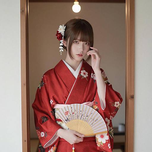 East Asian woman in red floral kimono holding fan