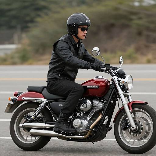 Photograph of a man in black leather gear riding a red Harley-Davidson motorcycle on a highway, with forested background.