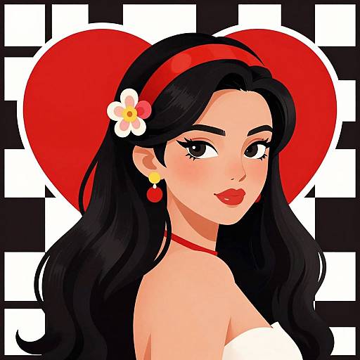 Digital illustration of a cute Latina woman with long black hair, red headband, flower, red earrings, red lips, white top, and red heart