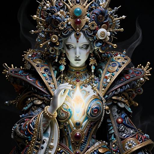 Digital artwork of a regal, pale-skinned woman with intricate, colorful, metallic crown and ornate robes, holding a glowing orb, set against