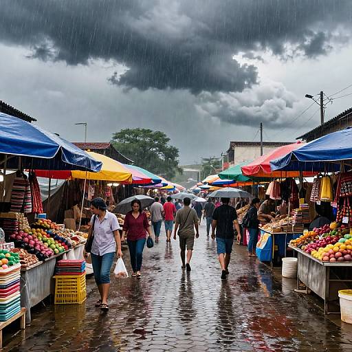 Photograph of a rainy outdoor market with colorful umbrellas, shoppers holding umbrellas, vibrant fruit stalls, and a stormy, cloudy sky.