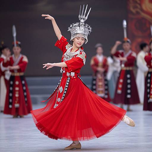 Photograph of a female dancer in vibrant red traditional dress with white patterns, silver headdress, and brown shoes, performing gracefully on a stage with blurred