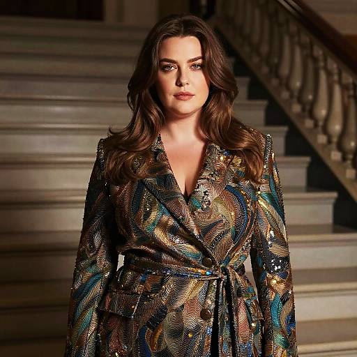 Plus-Size Woman in Brocade Coat on Marble Staircase