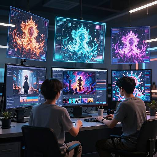 Photograph of two men in a dark room, working on multiple glowing, neon-colored digital screens displaying vibrant, abstract fire and light effects.