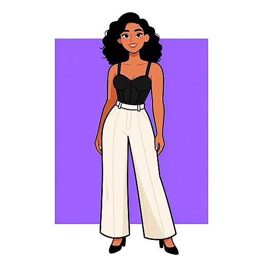 Digital illustration of a smiling black woman with curly hair, wearing a black strapless top and high-waisted white pants, against a purple background.