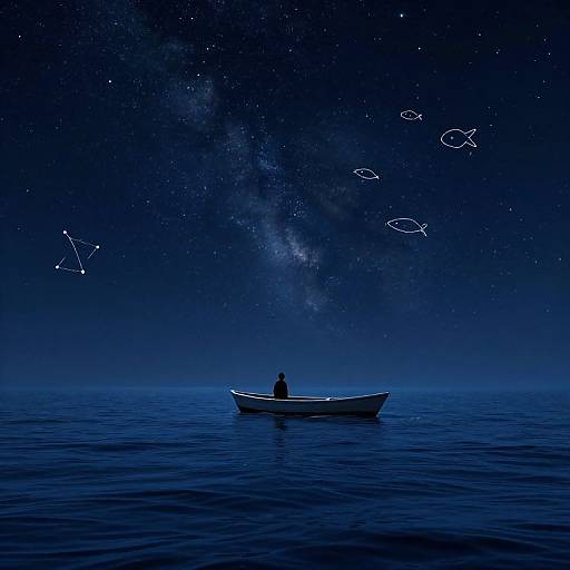 Silhouetted person in small boat, under starry night sky with Milky Way and constellation drawings, floating on calm blue sea.
