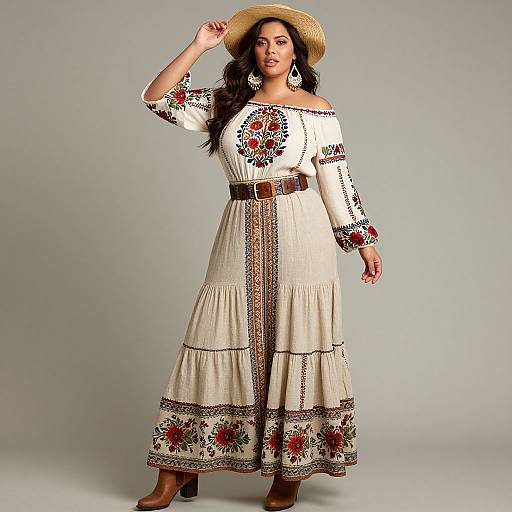 Photograph of a confident woman in a white, off-shoulder, embroidered dress, brown belt, straw hat, and brown boots, against a