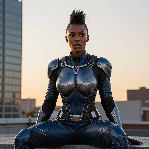 Photograph of a Black woman with a mohawk, wearing a black, armored superhero suit, sitting on a rooftop at sunset. Urban buildings in the