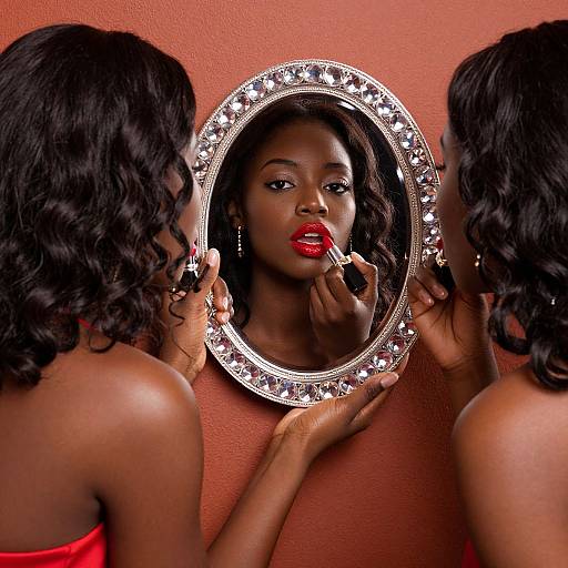 Photograph of a beautiful Black woman with curly hair, red lipstick, and a red strapless top, applying lip gloss in front of a round,