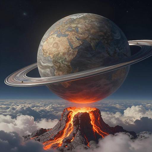 Volcano Erupting Beneath a Ringed Earth