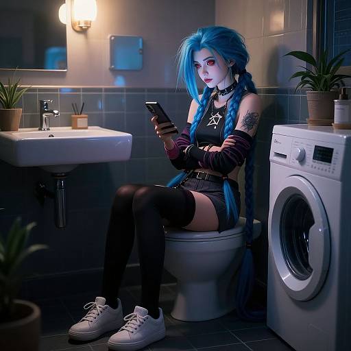 Photograph of a pale-skinned woman with blue hair, black goth attire, and white sneakers, sitting on a bathroom toilet, texting on a