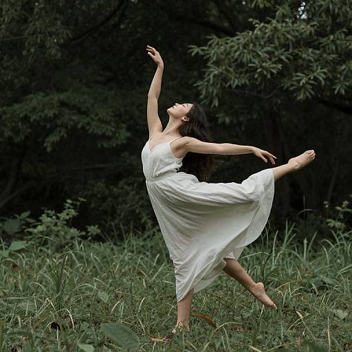 Photograph of a woman in a flowing white dress, dancing gracefully in a grassy field with dark, dense trees in the background. Her arms are