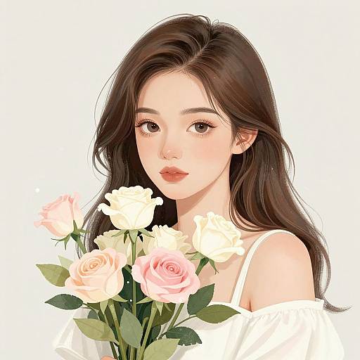 Digital anime-style portrait of a young woman with long brown hair, holding a bouquet of pink and white roses against a white background. She wears a white