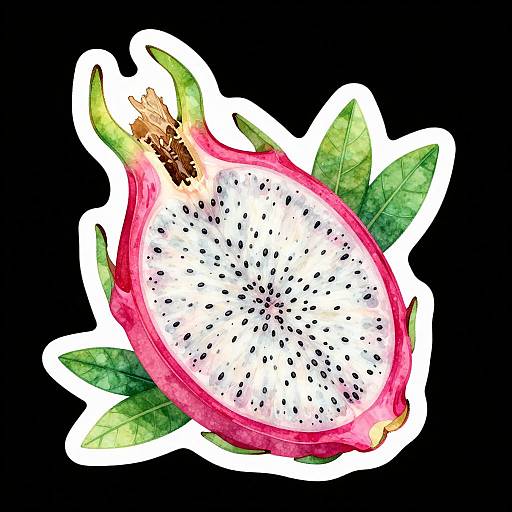 Watercolor illustration of a halved dragon fruit with pink skin, white flesh, black seeds, and green leaves on a black background.