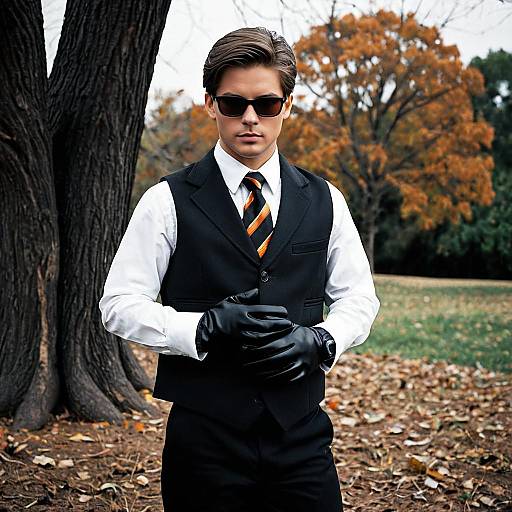 Man in MIB-Inspired Halloween Costume Outdoors