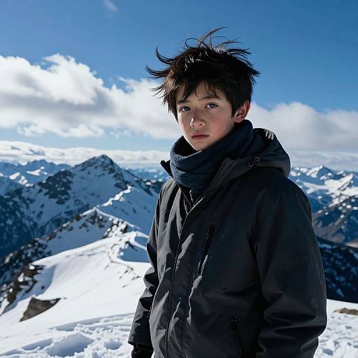 Photograph of an Asian teenage boy with spiky black hair, wearing a black winter jacket, standing in a snowy mountain landscape under a bright blue sky