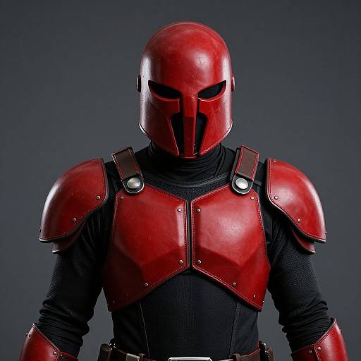 Photograph of a muscular male warrior in red, glossy, helmeted armor with black shoulder pads and black torso, against a dark gradient background.