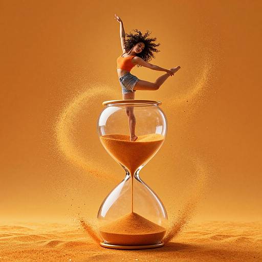 Photograph of a black woman with curly hair, wearing an orange top and denim shorts, dancing on a large hourglass against an orange background, with
