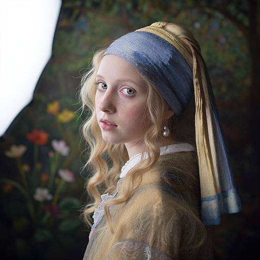 Photorealistic digital painting of a young blonde woman with wavy hair, wearing a blue headscarf, gold veil, and lace dress, against
