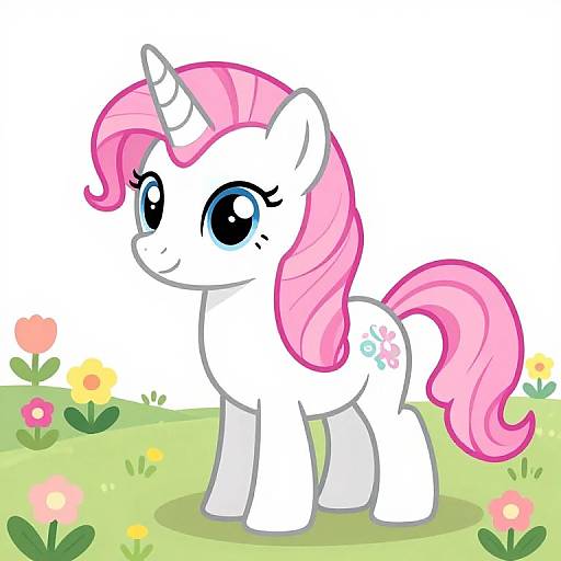 Digital illustration of a cute white unicorn with a pink mane and tail, large blue eyes, and a cutie mark of three blue butterflies, standing in