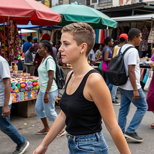 Photograph of a young woman with short brown hair in a black tank top and blue jeans, walking through a bustling outdoor market with colorful umbrellas and