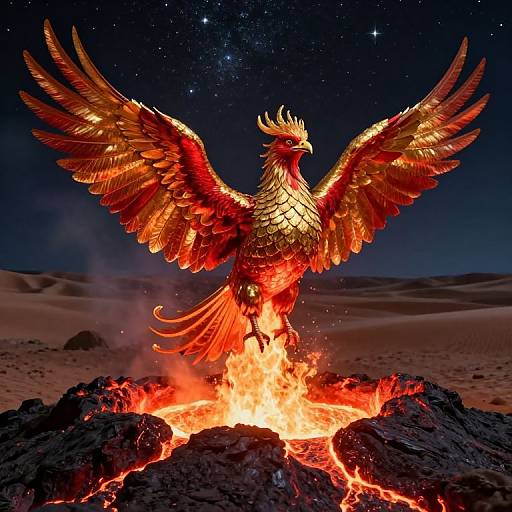 Photorealistic digital artwork of a fiery, golden phoenix with outstretched wings, standing on a blazing rock in a desert under a starry night