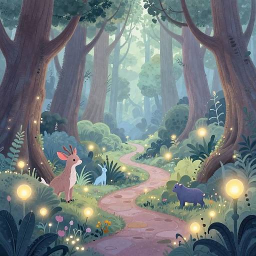Whimsical forest scene: enchanted path with glowing fireflies, deer, blue creature, and tall trees in vibrant, magical, digital art style.
