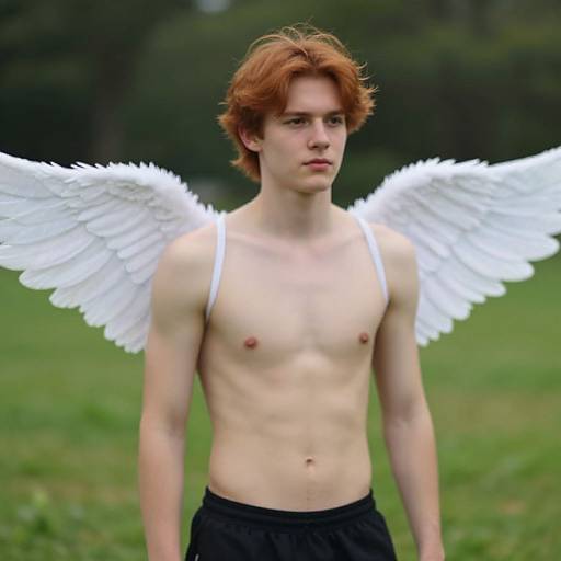 Photograph of a young, fair-skinned, red-haired male with white angel wings, shirtless, wearing black pants, standing in a green grass