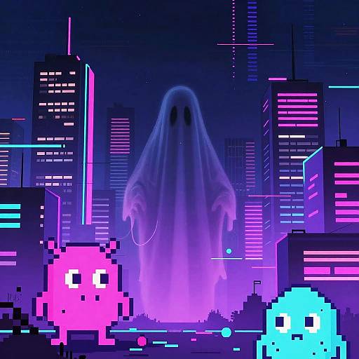 Vaporwave Horror Cityscape with Ghost and Pixel Monsters