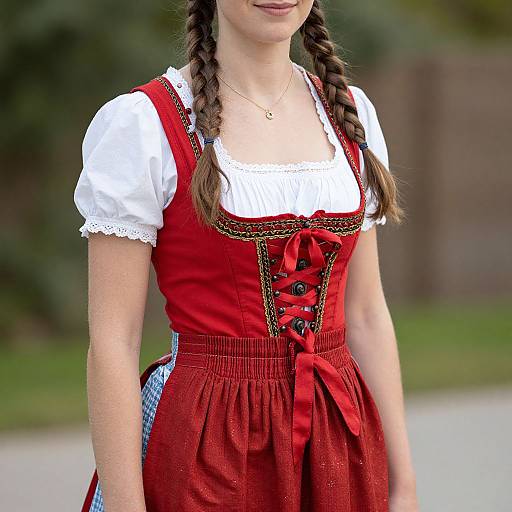 Photograph of a young woman with braided brown hair, wearing a red dirndl with white blouse and black lace-up bodice, standing outdoors.