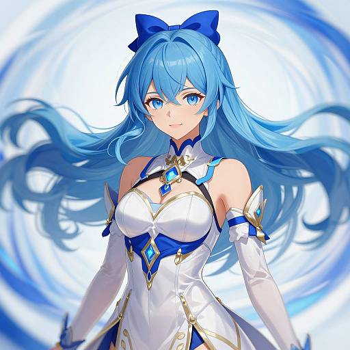 Digital anime-style illustration of a blue-haired woman with long hair, blue eyes, white and blue armor-like dress, and blue bow, set against a