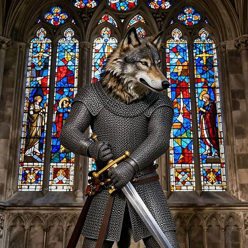 Anthropomorphic wolf warrior in medieval armor with sword, standing before vibrant stained glass windows in a gothic cathedral. Digital art.