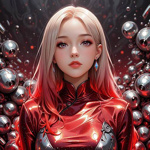 Red Metallic Tin Foil Girl Portrait