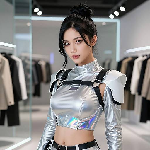 Photograph of an Asian woman with black hair in a bun, wearing a shiny silver crop top with black straps, standing in a modern, well-l