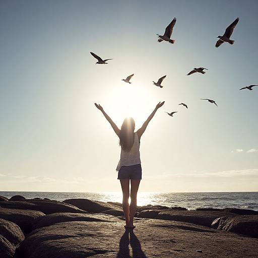 Photograph of a woman with arms raised, silhouetted against a bright sun, surrounded by flying birds, standing on rocky shoreline.
