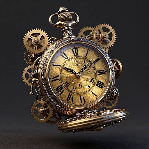 Photograph of a detailed, golden, antique pocket watch with black Roman numerals, intricate gears, and a dark, textured background.