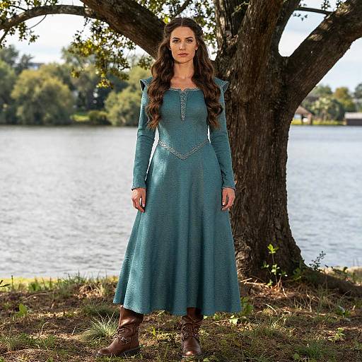 Photograph of a woman with long brown hair, wearing a blue long-sleeve, lace, knee-length dress and brown boots, standing in front