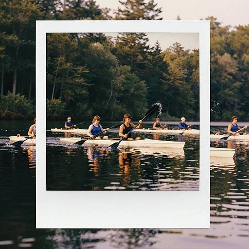 Photograph of people kayaking on a calm lake with dense forest in the background, framed by a large white square border.