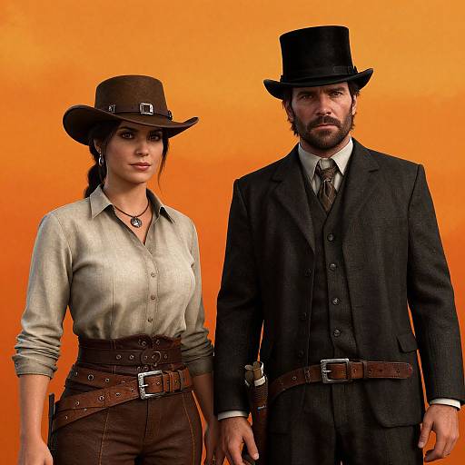 Photograph of a woman in a brown cowboy hat and beige shirt, and a bearded man in a black suit and top hat, both with brown