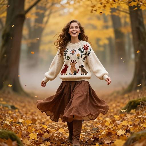 Photograph of a smiling woman with wavy brown hair, wearing a white sweater with floral and deer embroidery, brown skirt, and boots, walking through