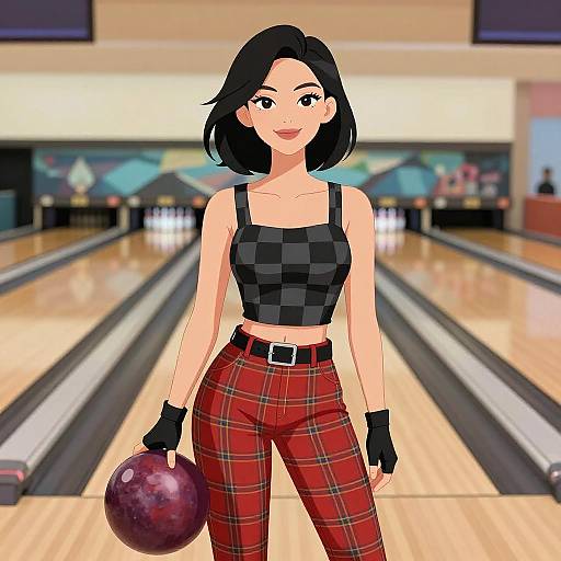 Anime-style digital drawing of a cute woman with black bob haircut, wearing a black checkered crop top and red plaid pants, holding a bowling ball