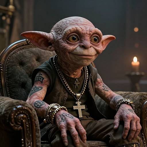 Digital artwork of a grinning, wrinkled, tattooed goblin with large ears, wearing black leather, cross necklaces, and bracelets, sitting