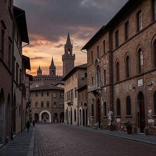 Photograph of a cobblestone Italian street at sunset, flanked by medieval brick buildings, leading to a castle with two towers.