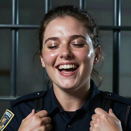 Photograph of a smiling, glistening-faced female police officer with dark hair in a bun, wearing a black uniform, fists clenched, against a
