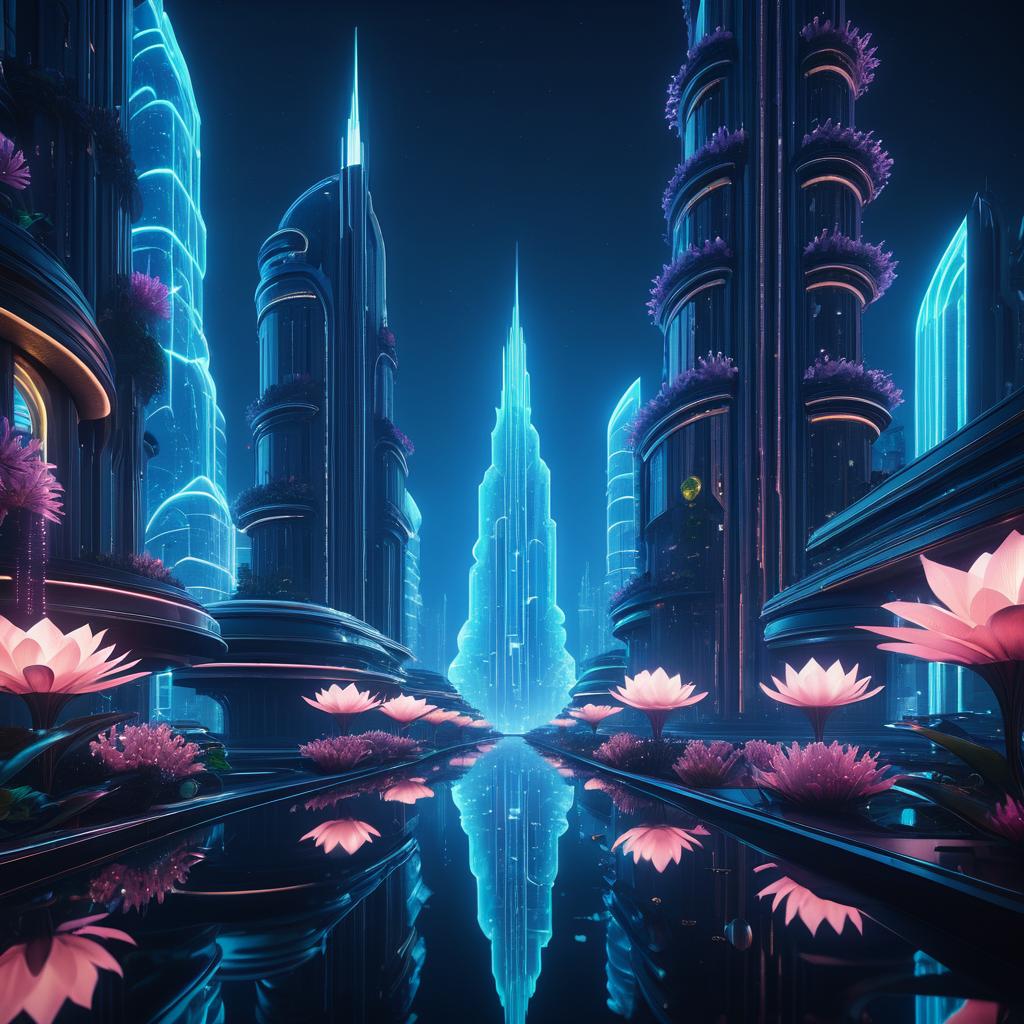 Futuristic Cityscape with Bioluminescent Flora