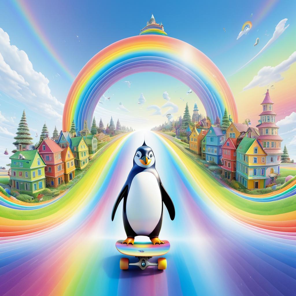 Surreal Giant Penguin Skateboarding Adventure