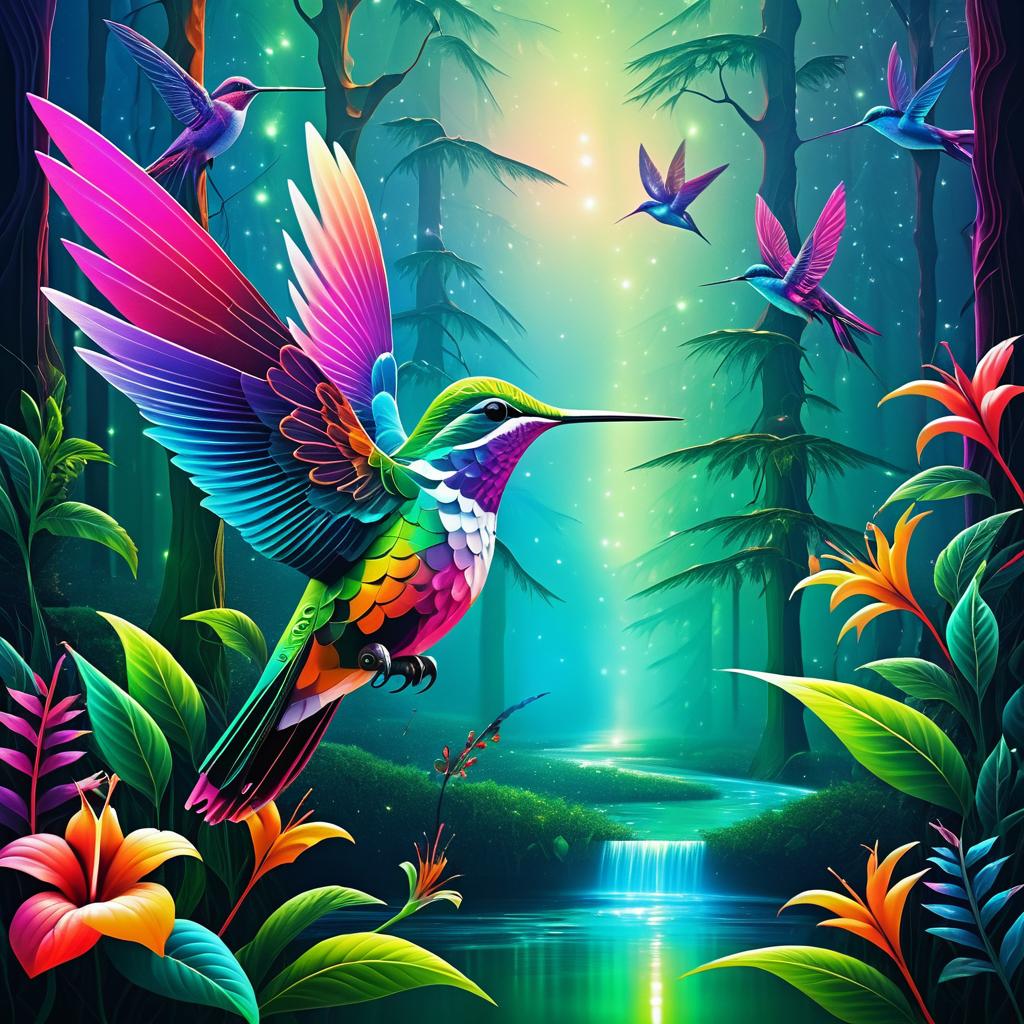 Surreal Hummingbird in Vibrant Forest